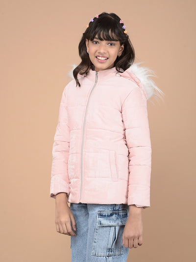 Pink Printed Hooded Neck Puffer Jacket-Girls Jackets-Crimsoune Club
