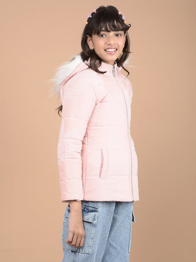 Pink Printed Hooded Neck Puffer Jacket-Girls Jackets-Crimsoune Club
