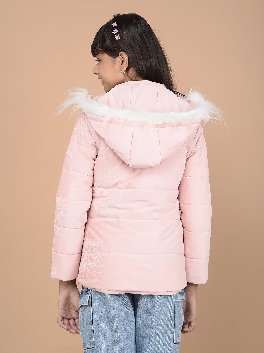 Pink Printed Hooded Neck Puffer Jacket-Girls Jackets-Crimsoune Club