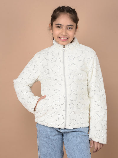 White Embellished High Neck Fur Jacket-Girls Jackets-Crimsoune Club