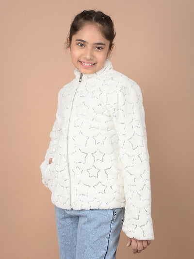 White Embellished High Neck Fur Jacket-Girls Jackets-Crimsoune Club