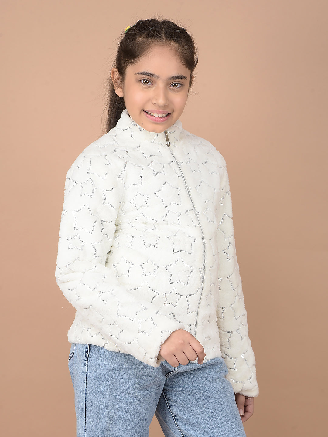 White Embellished High Neck Fur Jacket-Girls Jackets-Crimsoune Club