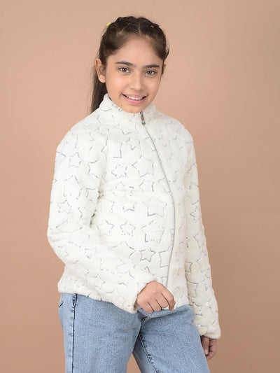 White Embellished High Neck Fur Jacket-Girls Jackets-Crimsoune Club