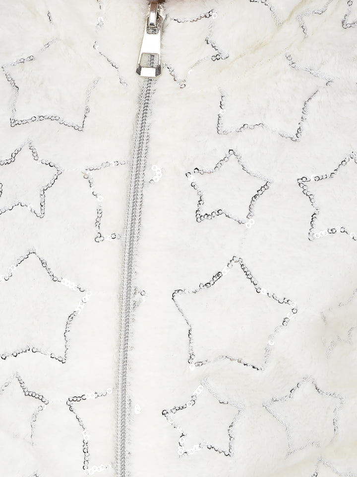 White Embellished High Neck Fur Jacket-Girls Jackets-Crimsoune Club