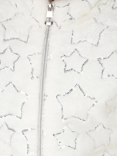 White Embellished High Neck Fur Jacket-Girls Jackets-Crimsoune Club