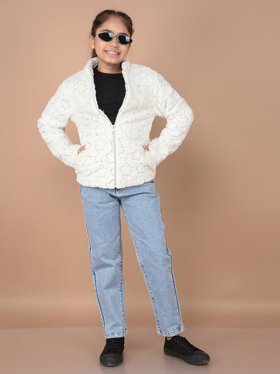 White Embellished High Neck Fur Jacket-Girls Jackets-Crimsoune Club