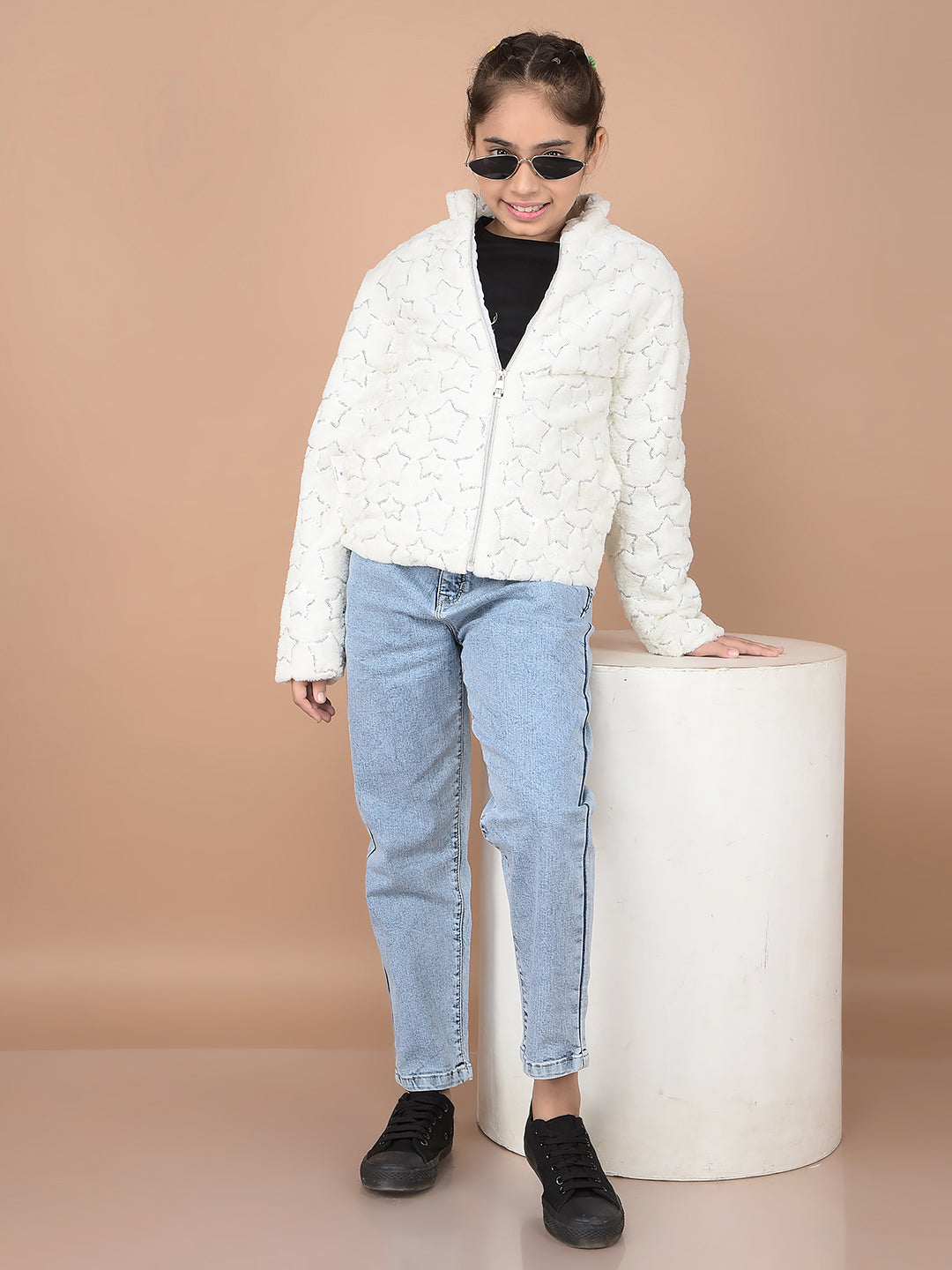 White Embellished High Neck Fur Jacket-Girls Jackets-Crimsoune Club