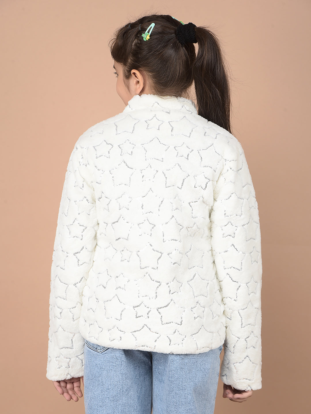 White Embellished High Neck Fur Jacket-Girls Jackets-Crimsoune Club