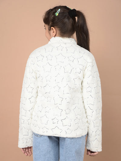 White Embellished High Neck Fur Jacket-Girls Jackets-Crimsoune Club