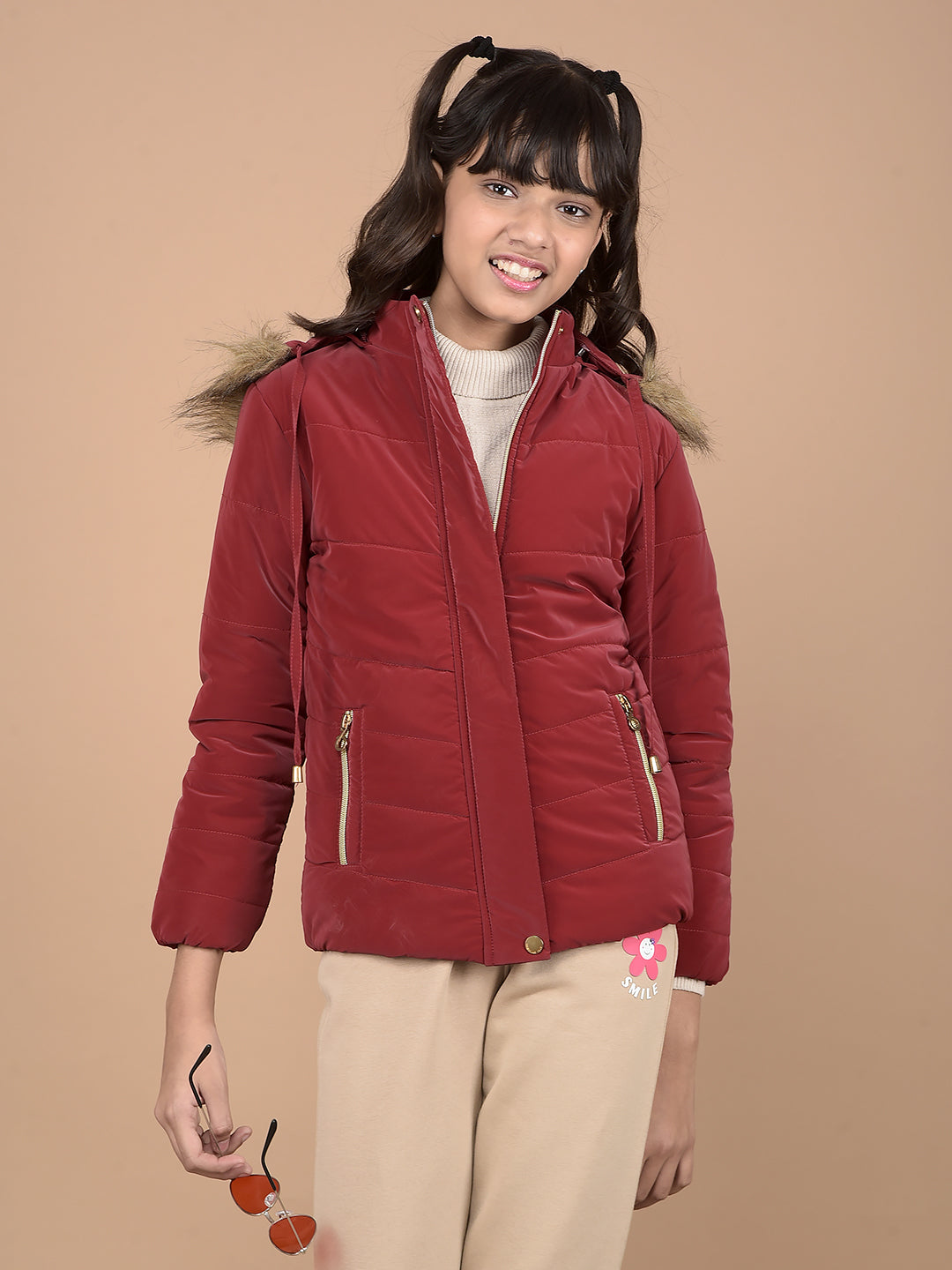Red Hooded Neck Puffer Jacket-Girls Jackets-Crimsoune Club