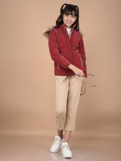Red Hooded Neck Puffer Jacket-Girls Jackets-Crimsoune Club