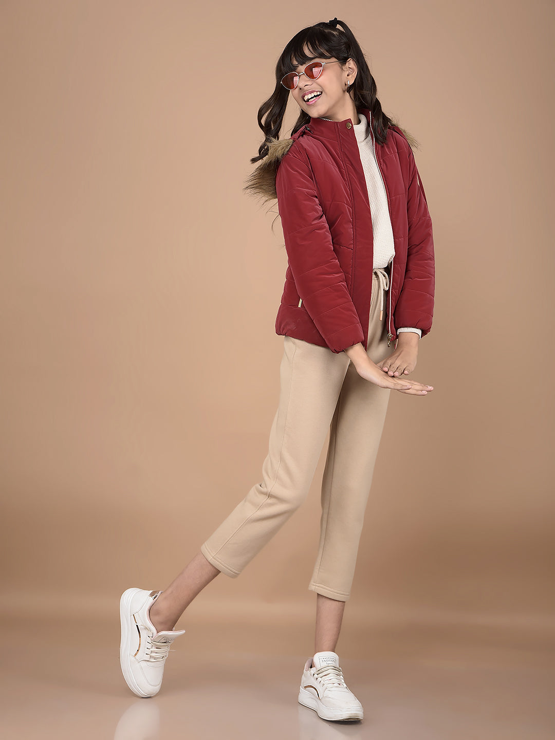 Red Hooded Neck Puffer Jacket-Girls Jackets-Crimsoune Club