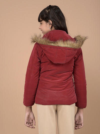 Red Hooded Neck Puffer Jacket-Girls Jackets-Crimsoune Club