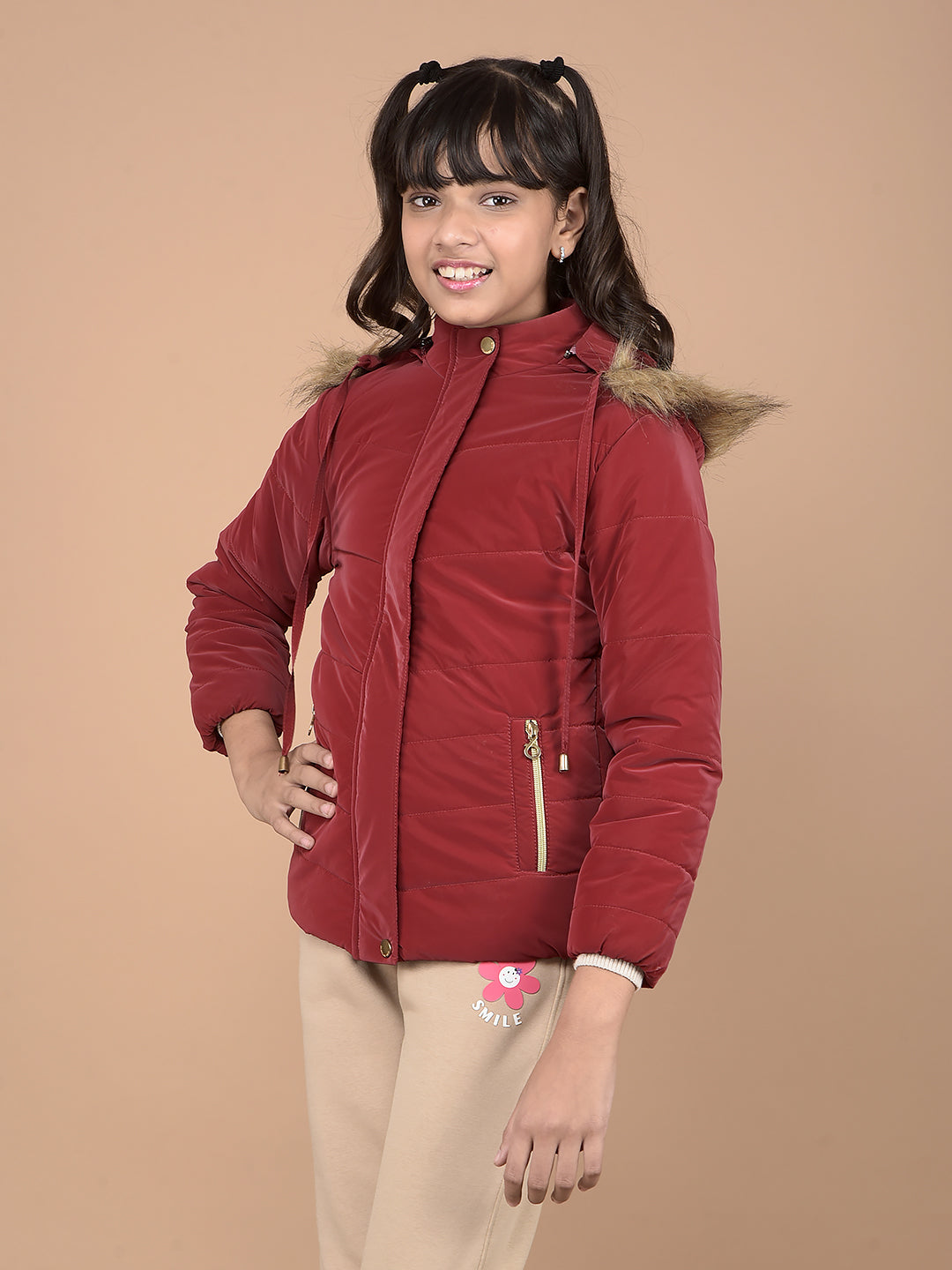 Red Hooded Neck Puffer Jacket-Girls Jackets-Crimsoune Club