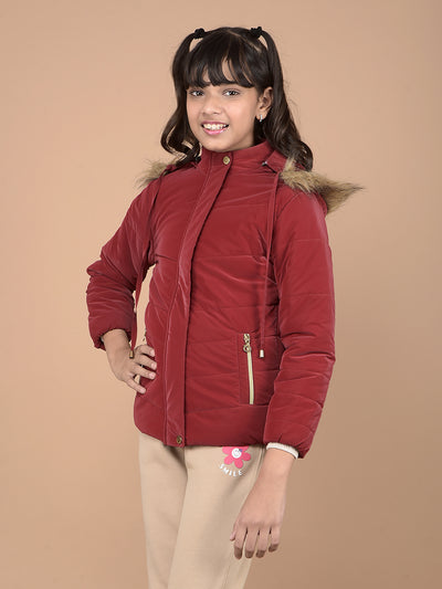 Red Hooded Neck Puffer Jacket-Girls Jackets-Crimsoune Club