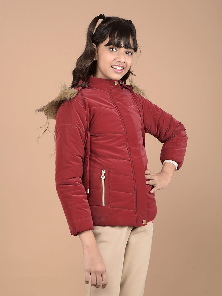 Red Hooded Neck Puffer Jacket-Girls Jackets-Crimsoune Club