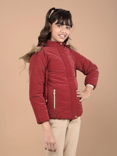 Red Hooded Neck Puffer Jacket-Girls Jackets-Crimsoune Club