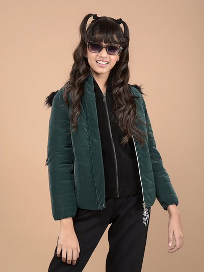 Green Hooded Neck Puffer Jacket-Girls Jackets-Crimsoune Club