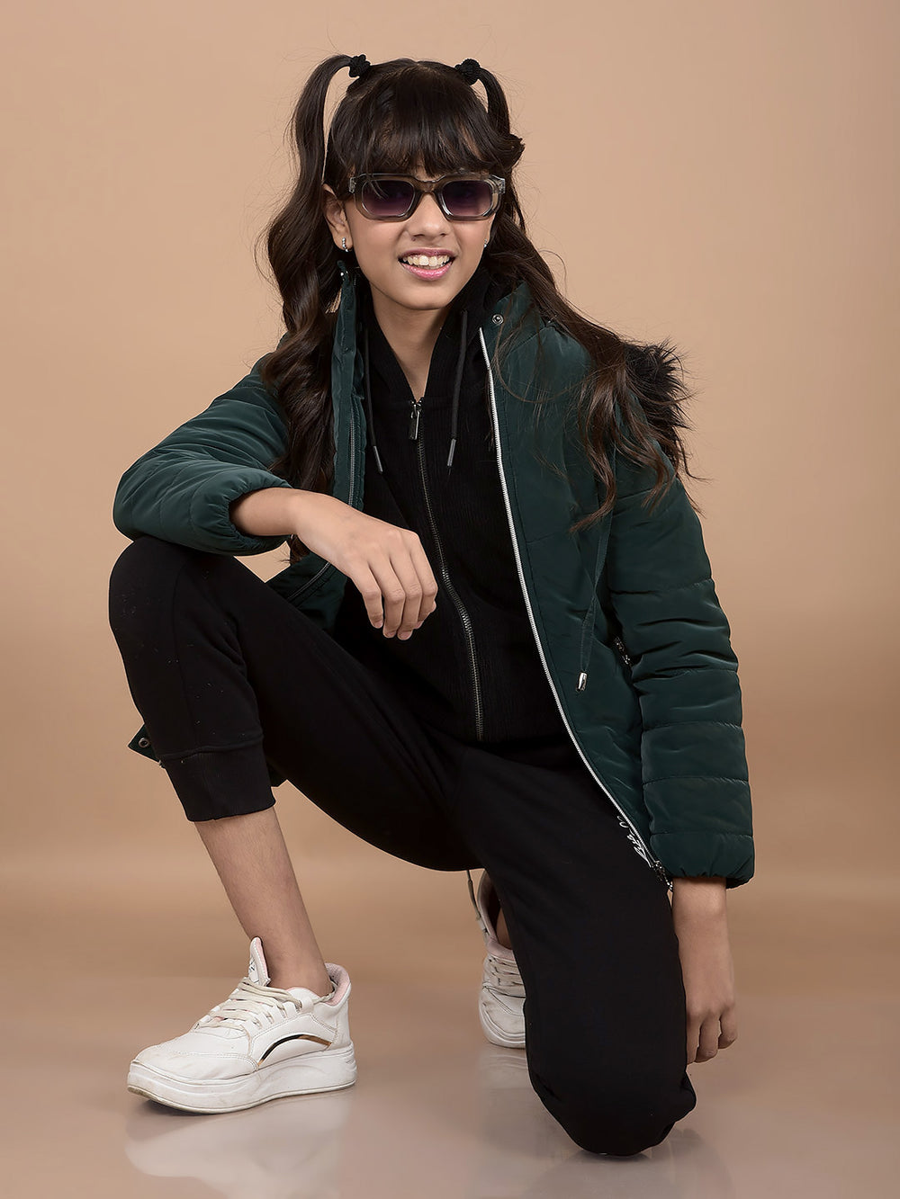 Green Hooded Neck Puffer Jacket-Girls Jackets-Crimsoune Club