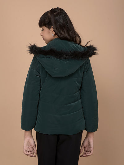 Green Hooded Neck Puffer Jacket-Girls Jackets-Crimsoune Club