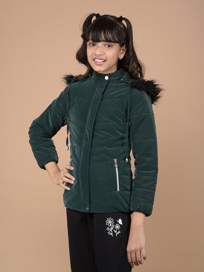 Green Hooded Neck Puffer Jacket-Girls Jackets-Crimsoune Club