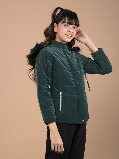 Green Hooded Neck Puffer Jacket-Girls Jackets-Crimsoune Club