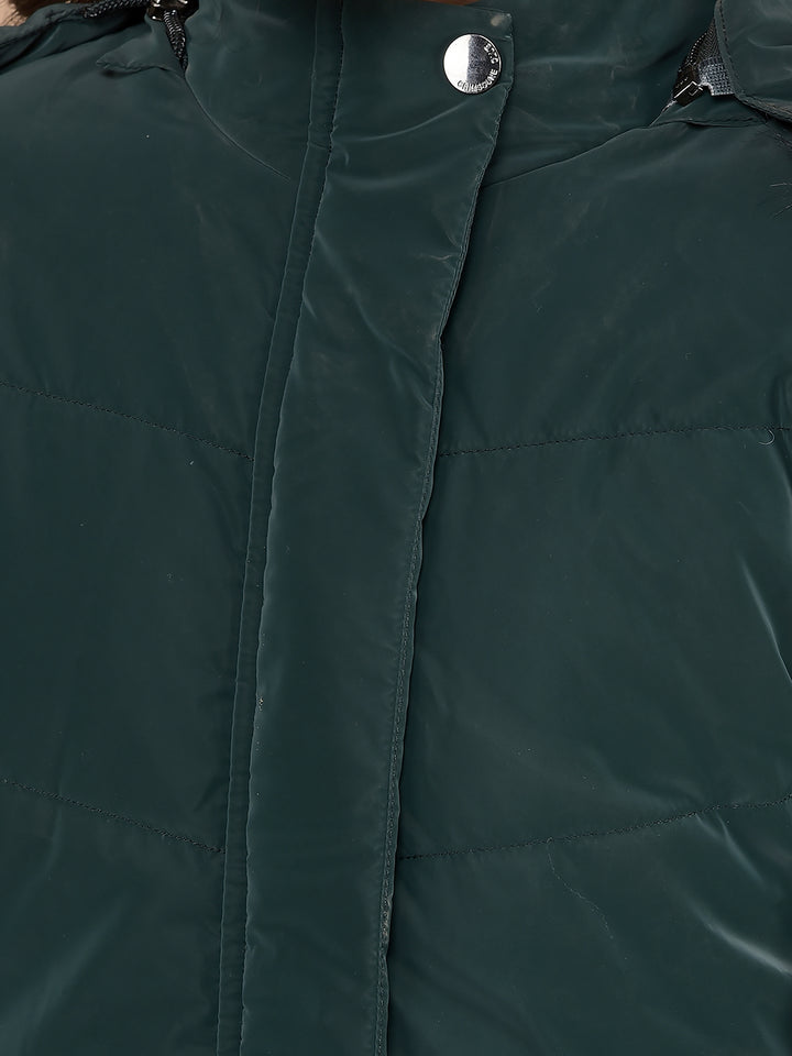Green Hooded Neck Puffer Jacket-Girls Jackets-Crimsoune Club