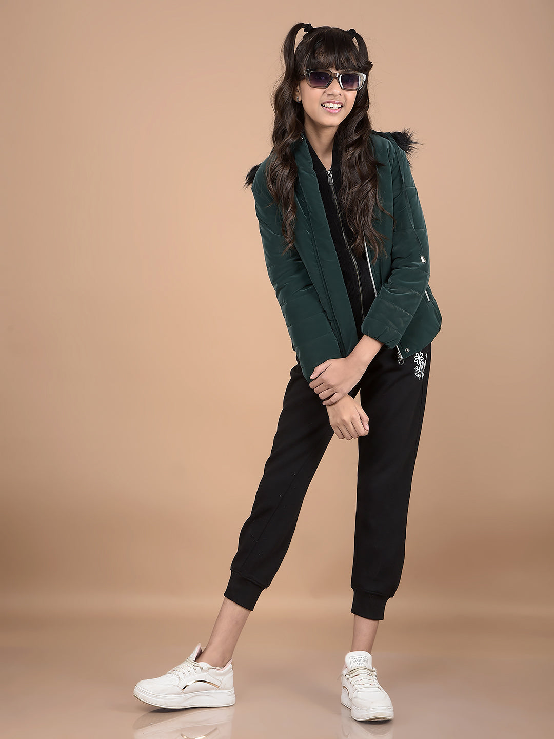 Green Hooded Neck Puffer Jacket-Girls Jackets-Crimsoune Club