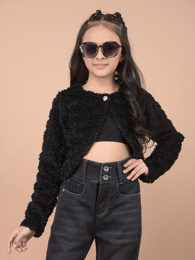 Black Self-Design Cardigan-Girls Cardigans-Crimsoune Club