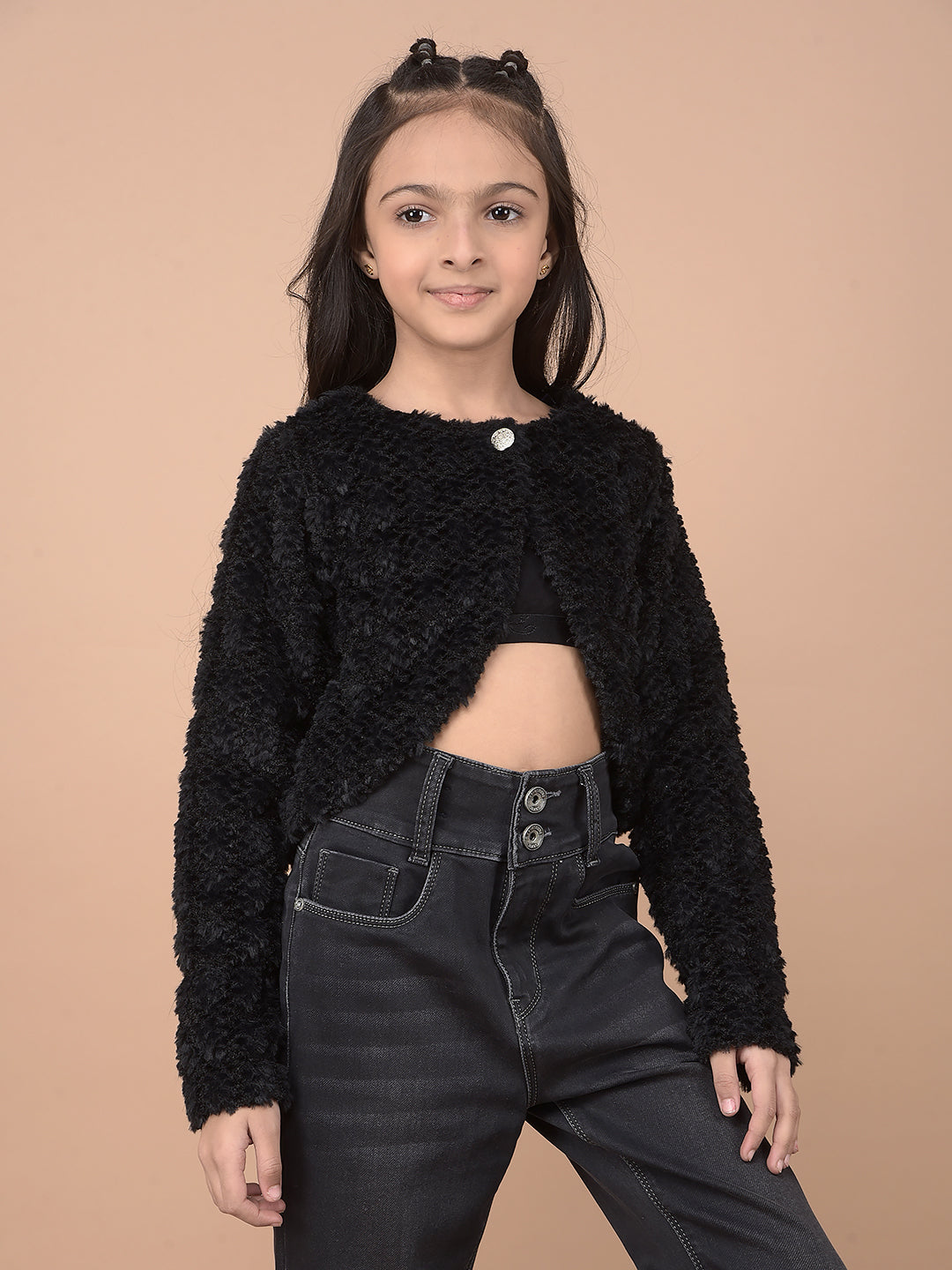 Black Self-Design Cardigan-Girls Cardigans-Crimsoune Club
