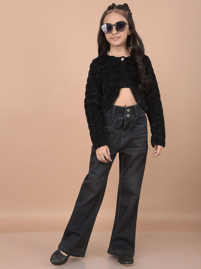 Black Self-Design Cardigan-Girls Cardigans-Crimsoune Club