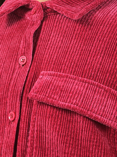Red Spread Collar Corduroy Shirt Dress-Girls Dresses-Crimsoune Club