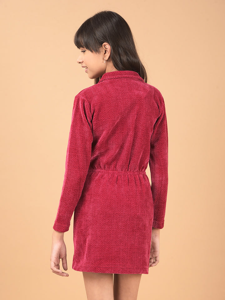 Red Spread Collar Corduroy Shirt Dress-Girls Dresses-Crimsoune Club
