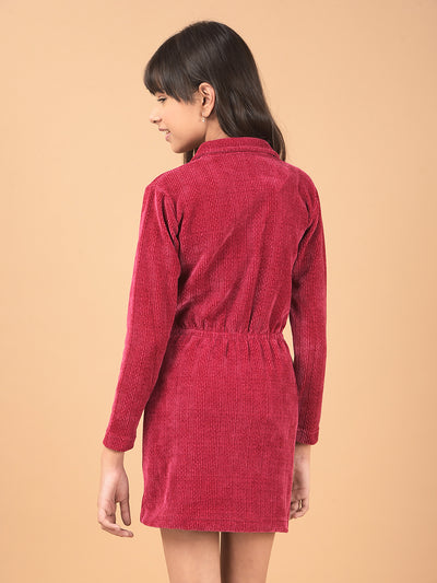 Red Spread Collar Corduroy Shirt Dress-Girls Dresses-Crimsoune Club