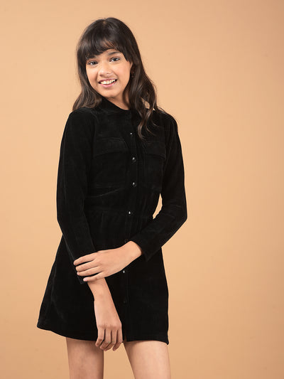Black Spread Collar Corduroy Shirt Dress-Girls Dresses-Crimsoune Club