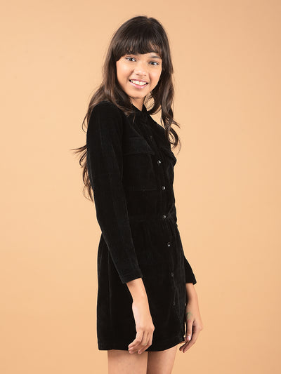 Black Spread Collar Corduroy Shirt Dress-Girls Dresses-Crimsoune Club