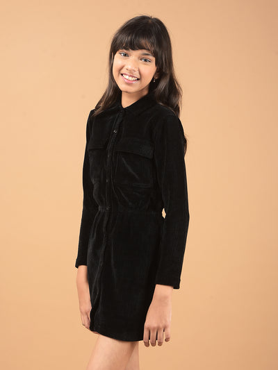 Black Spread Collar Corduroy Shirt Dress-Girls Dresses-Crimsoune Club