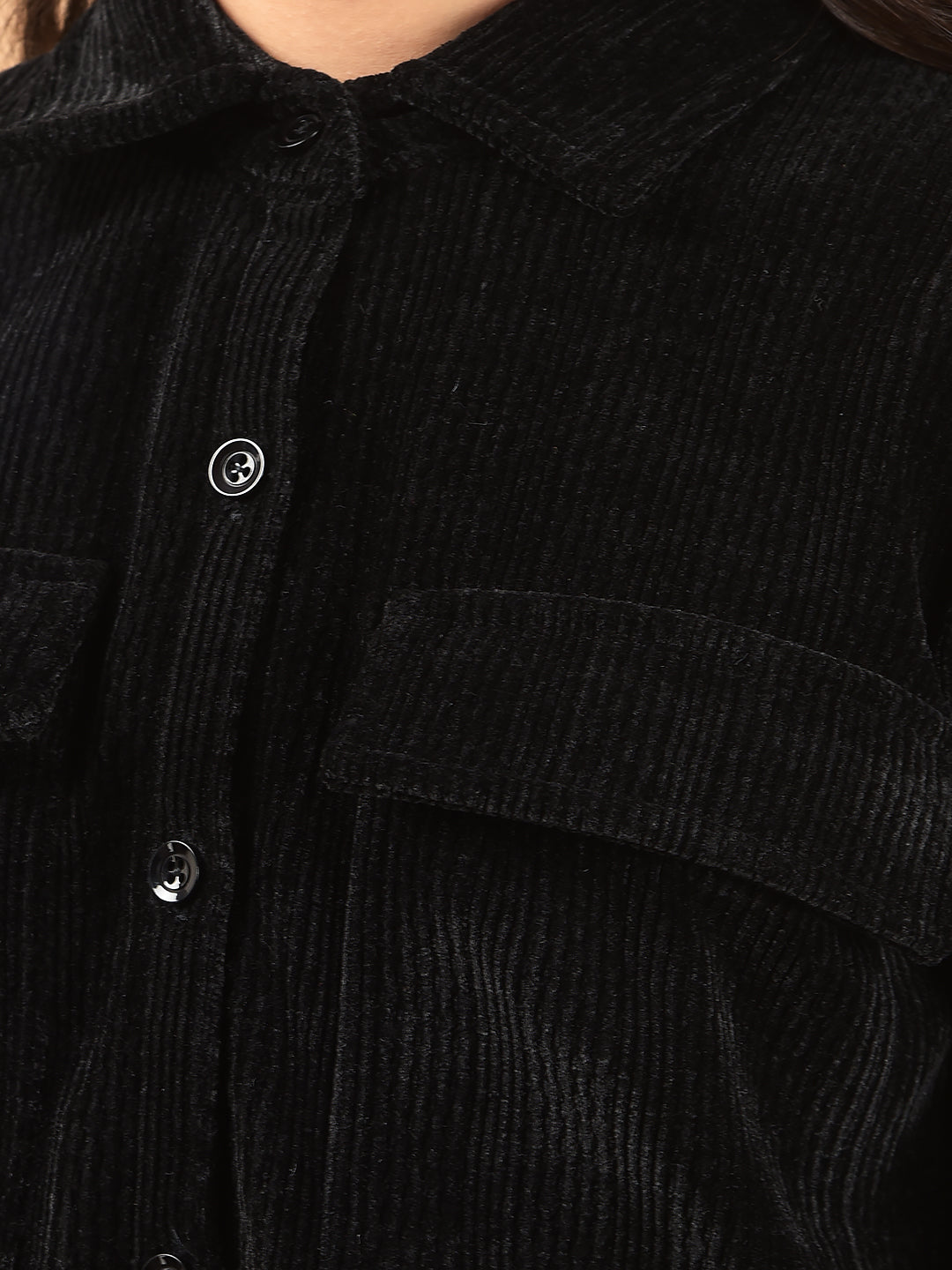 Black Spread Collar Corduroy Shirt Dress-Girls Dresses-Crimsoune Club