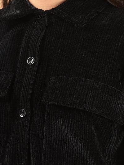 Black Spread Collar Corduroy Shirt Dress-Girls Dresses-Crimsoune Club