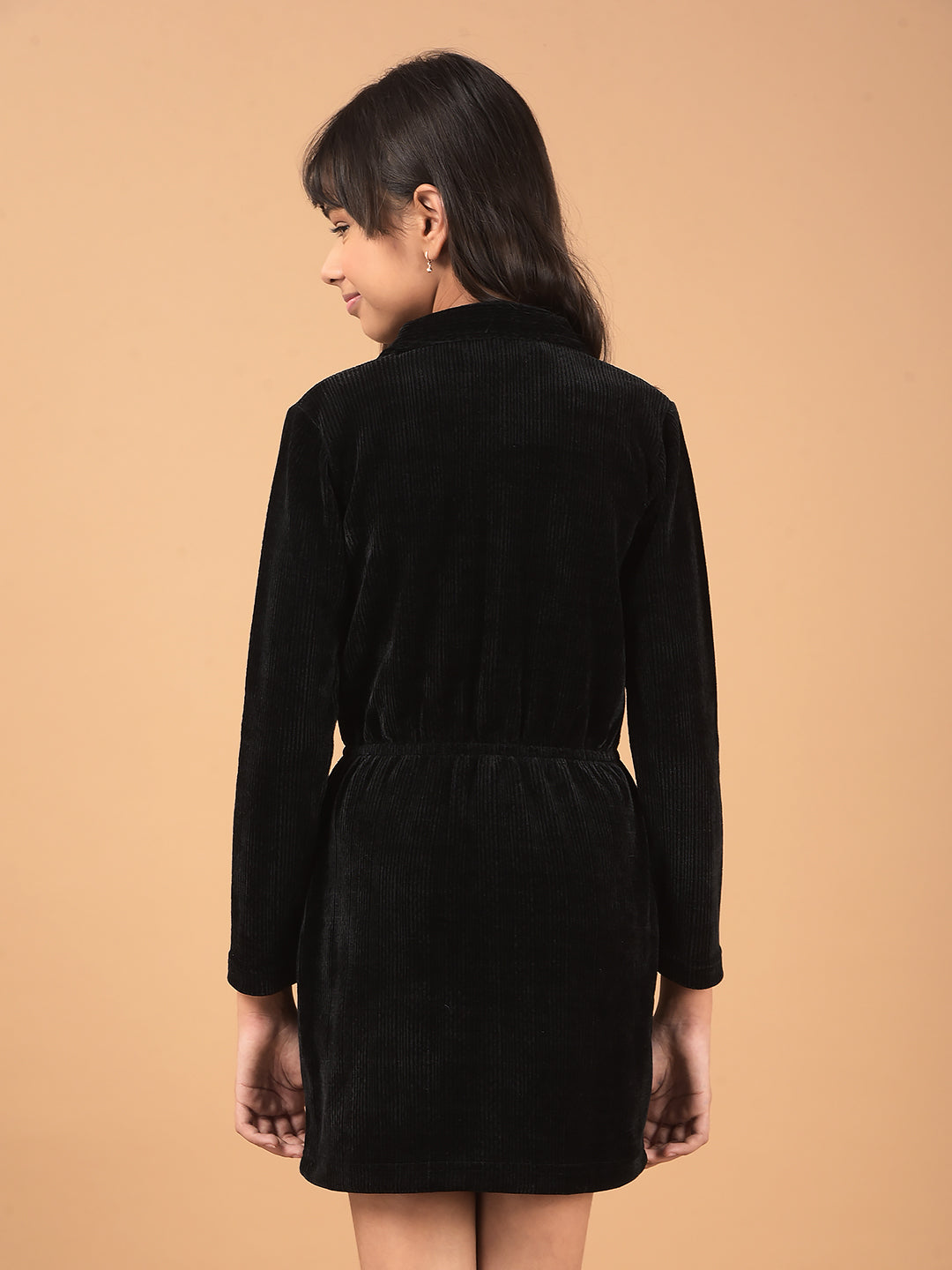 Black Spread Collar Corduroy Shirt Dress-Girls Dresses-Crimsoune Club