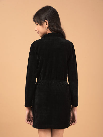 Black Spread Collar Corduroy Shirt Dress-Girls Dresses-Crimsoune Club