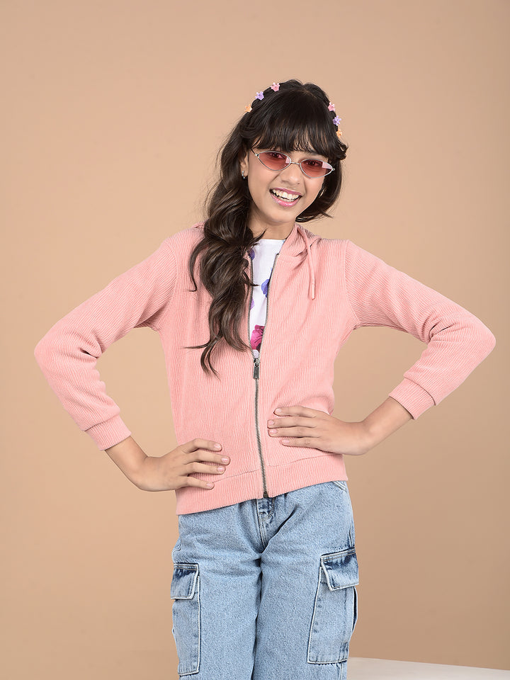 Peach Jacquard Hooded Neck Sweatshirt-Girls Sweatshirts-Crimsoune Club