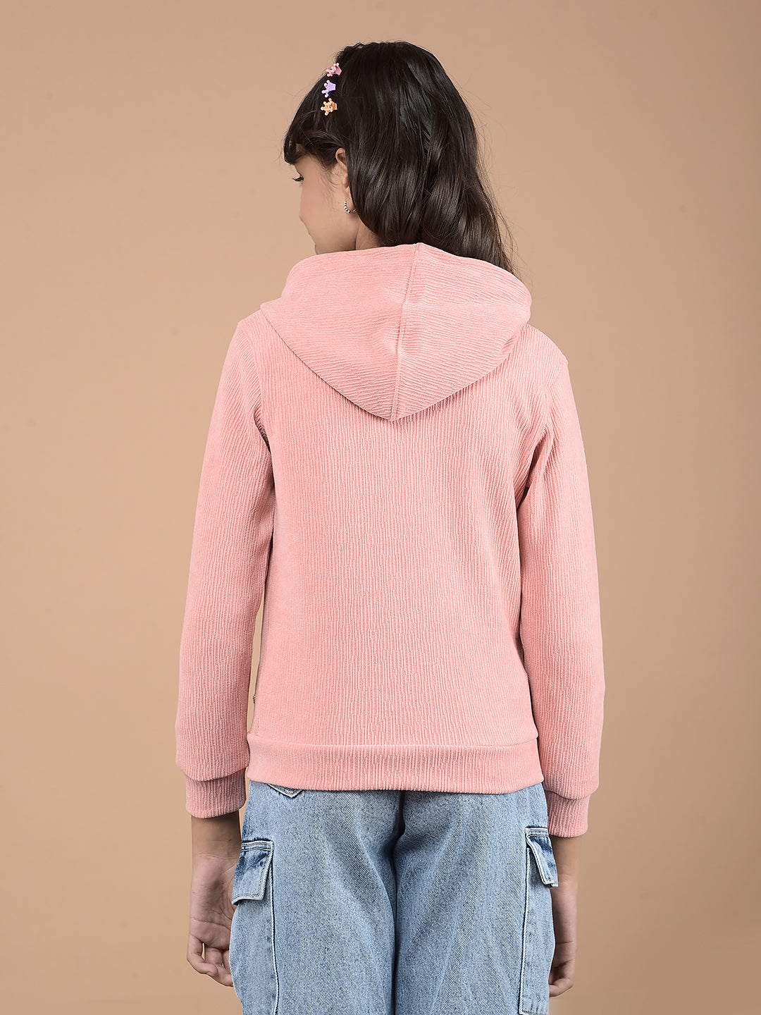 Peach Jacquard Hooded Neck Sweatshirt-Girls Sweatshirts-Crimsoune Club