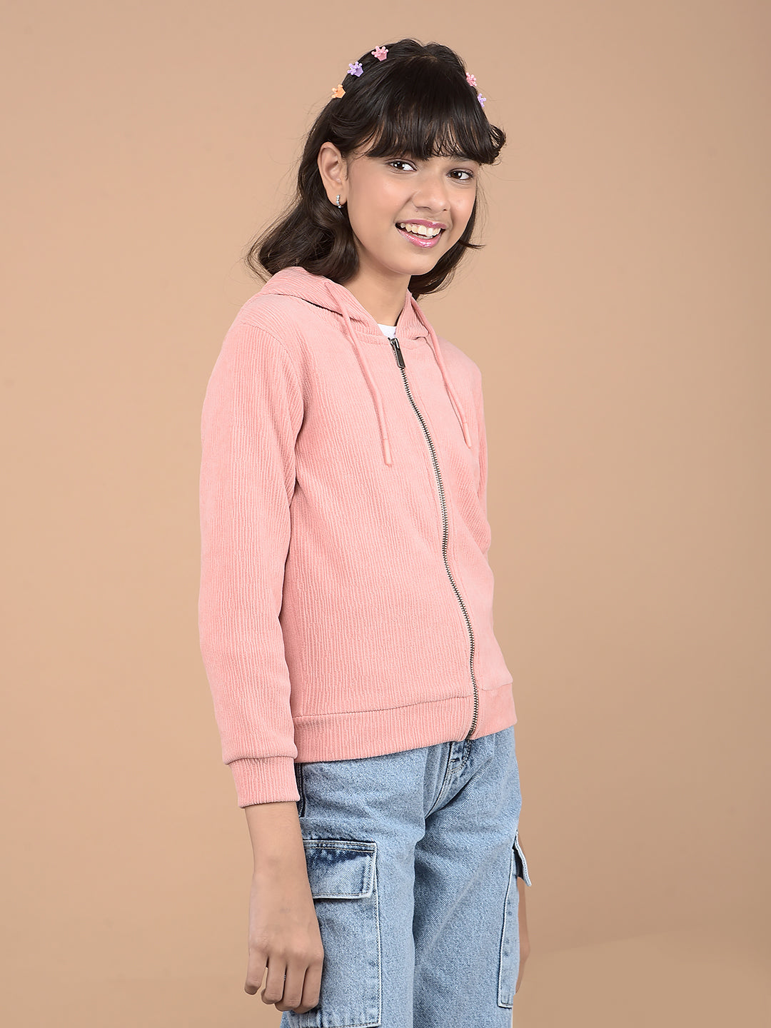 Peach Jacquard Hooded Neck Sweatshirt-Girls Sweatshirts-Crimsoune Club