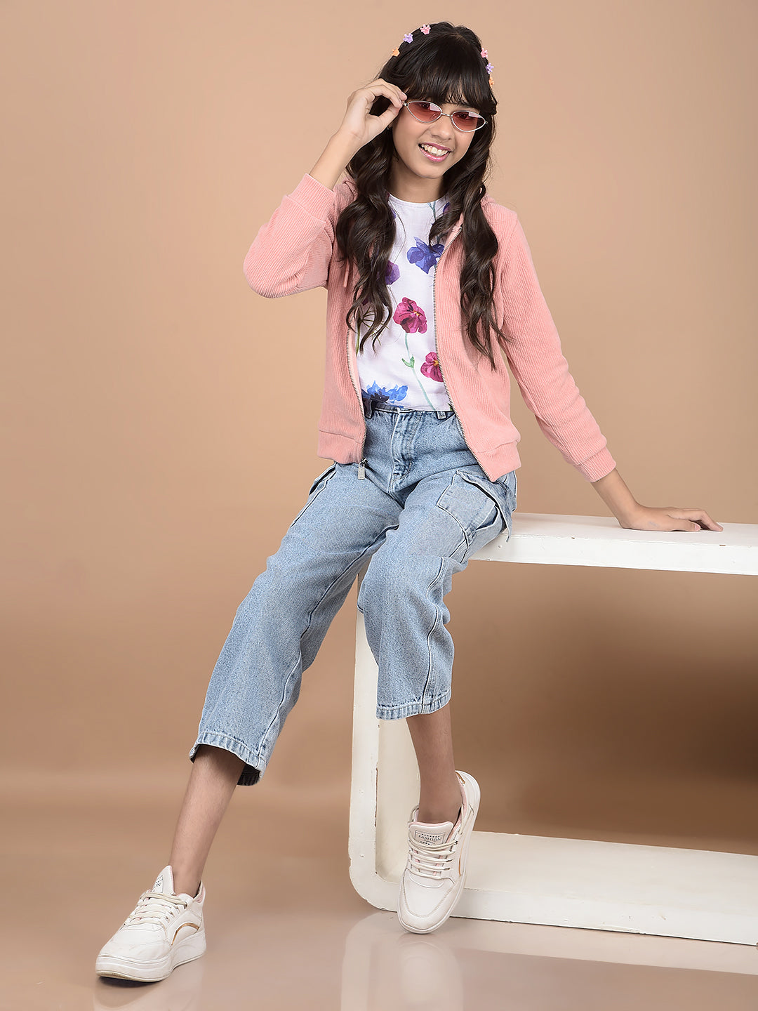 Peach Jacquard Hooded Neck Sweatshirt-Girls Sweatshirts-Crimsoune Club