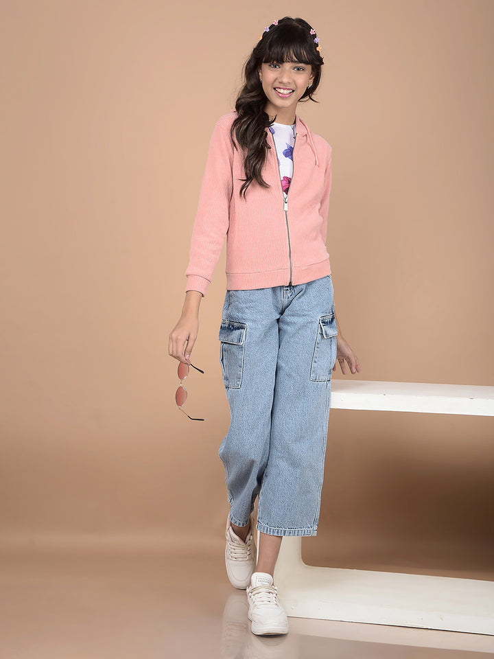 Peach Jacquard Hooded Neck Sweatshirt-Girls Sweatshirts-Crimsoune Club