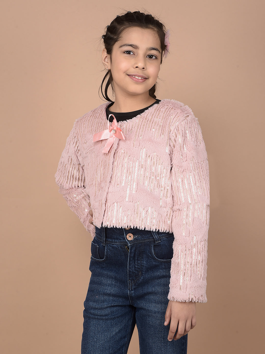 Pink Embellished Crop Length Fur Cardigan-Girls Cardigans-Crimsoune Club