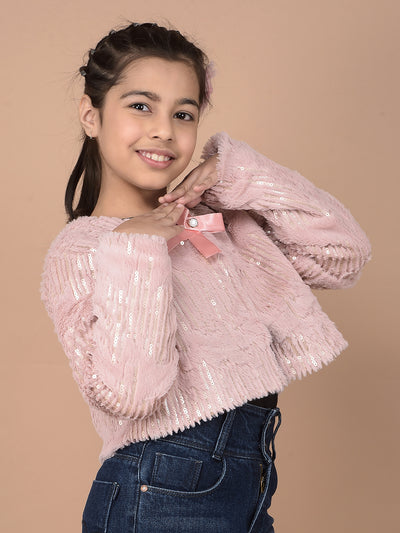 Pink Embellished Crop Length Fur Cardigan-Girls Cardigans-Crimsoune Club