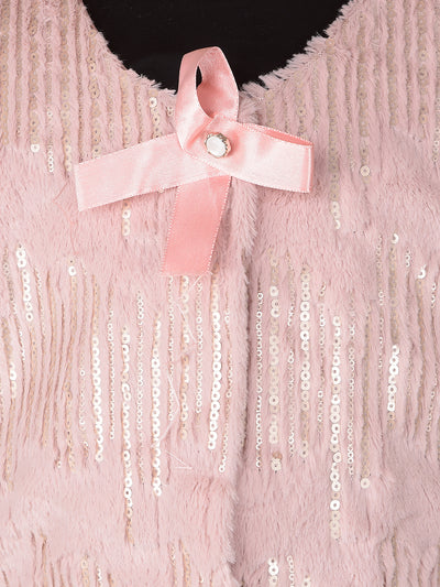 Pink Embellished Crop Length Fur Cardigan-Girls Cardigans-Crimsoune Club