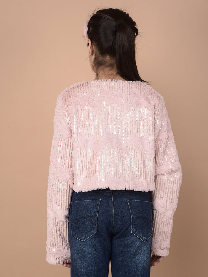 Pink Embellished Crop Length Fur Cardigan-Girls Cardigans-Crimsoune Club